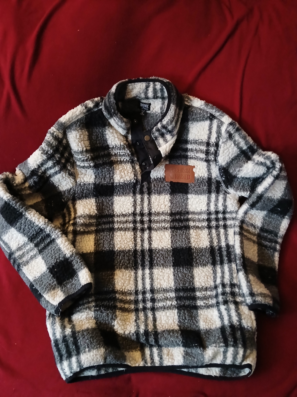 HOME FREE, Wisconsin Raised, Black & White Plaid Sherpa Pullover, with pockets